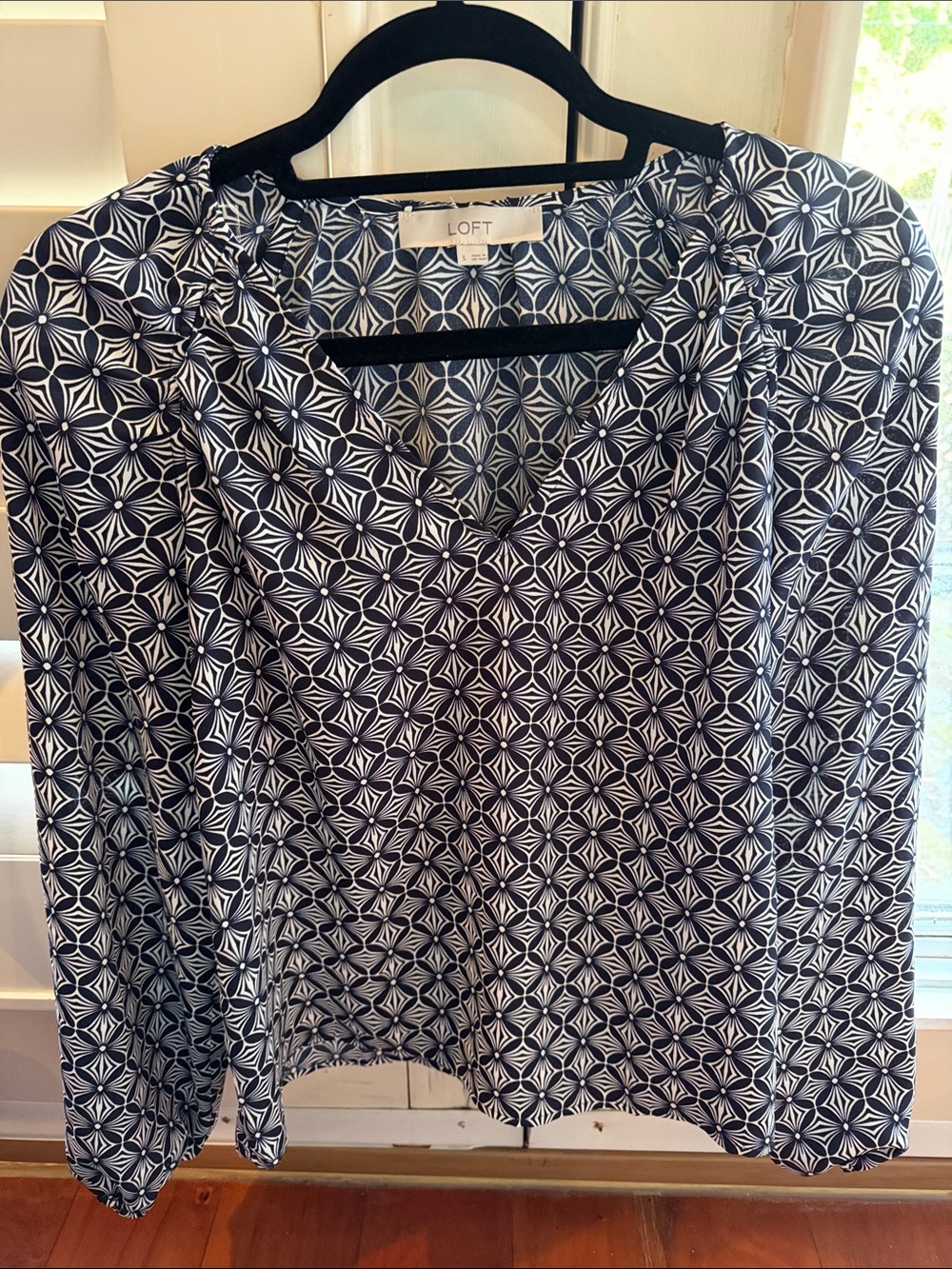 LOFT Navy and White Geometric Print Long-Sleeve Blouse